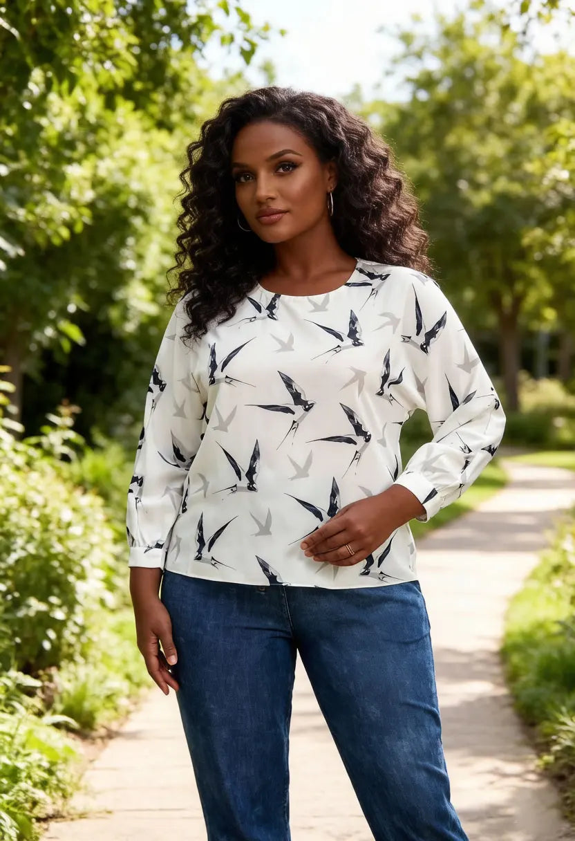 Damen-Bluse mit Vogelmuster, Chiffon-Oberteil, 3/4-Ärmel, Rundhalsausschnitt, lässiges, locker sitzendes Sommerhemd