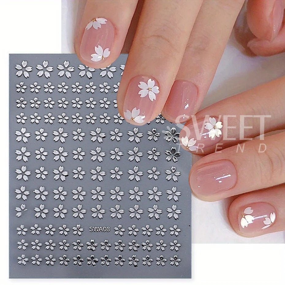 2/3 Stück holografische Sakura-Blumen-Nagelaufkleber, Kirschblütenblatt-Design, Silber, Gold, Blumenmuster, Sommer-Klebeaufkleber, Maniküre-Spitze