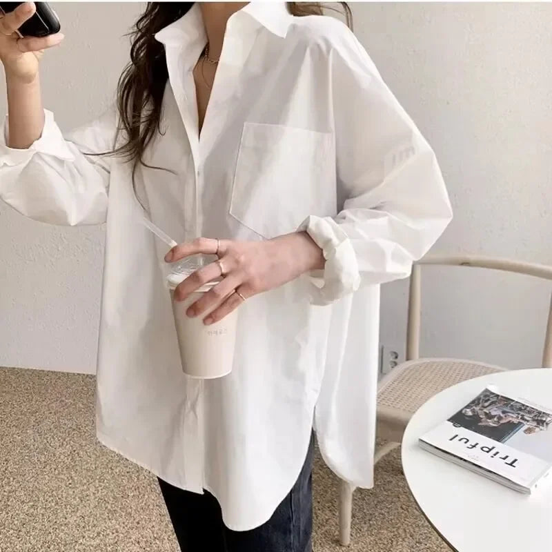 2026 büro Dame Elegante Weiße Casual Plus Größe Blusen Mode Neue Baumwolle Langarm Frauen Hemd Turndown Kragen Tops