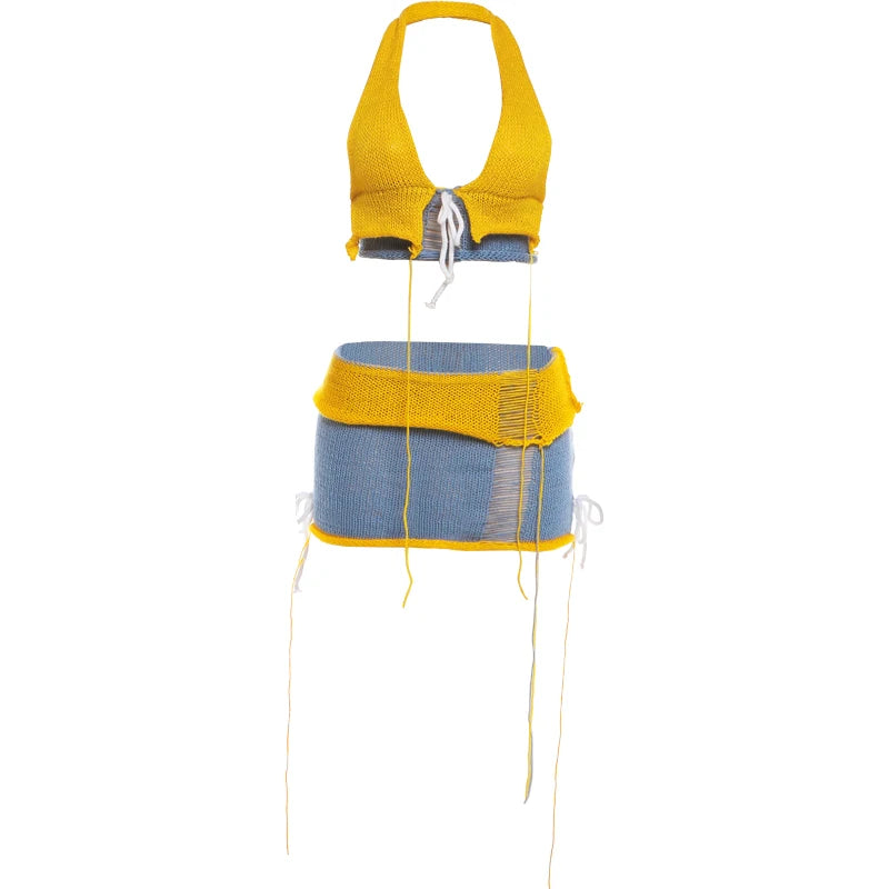 Sisterlinda Damen-Set mit Schleife, 2-teilig, gestrickt, Bandage, Farbblockierung, Quaste, Neckholder, rückenfrei, V-Ausschnitt, Weste + Hohlrock, sexy Modeanzug