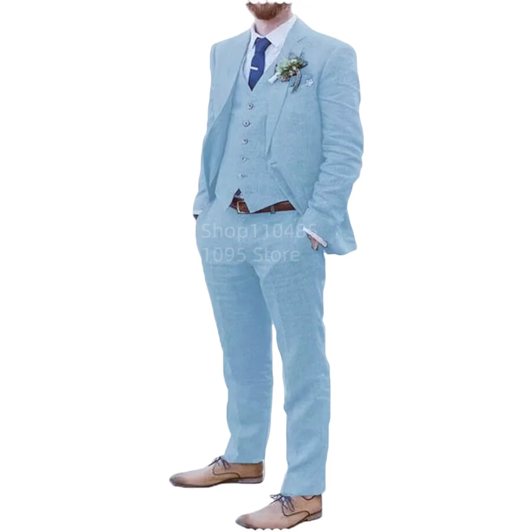 Beige/Blauer Leinenanzug für Herren, 3-teilig, Slim Fit, formell, für Hochzeit, Abschlussball, Smoking-Set, Trauzeugenanzug, Bräutigam-Kostüm, Herrenanzug, neues Design