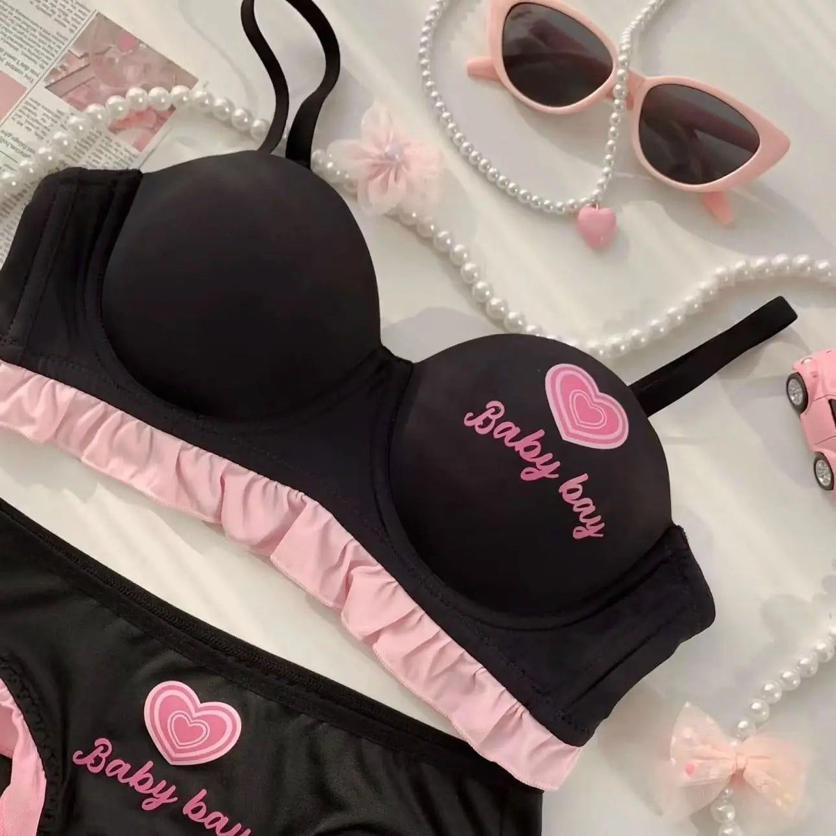 Kawaii Lolita Dessous Set Push-Up-BH, kabelloses gepolstertes Bralette für kleine Brust, süßes BH- und Höschenset im Barbie-Puppenstil MOYISU