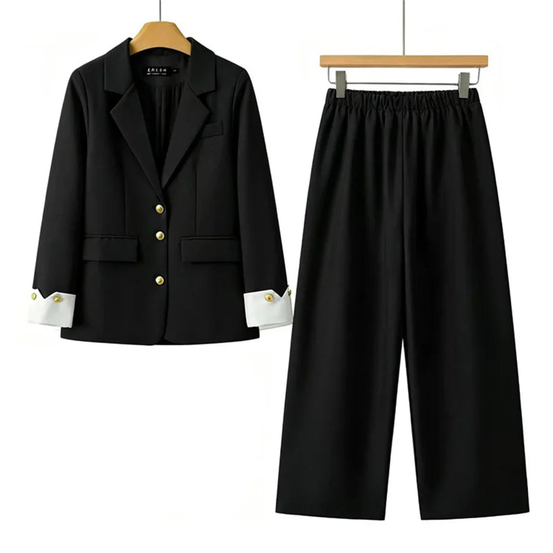 Koreanische Mode 2-Teiliges Set Blazer mit Umlegekragen Langarm Slim Fit Hosen Damenanzüge Büro-Damenkleidung Hosensets für Frauen