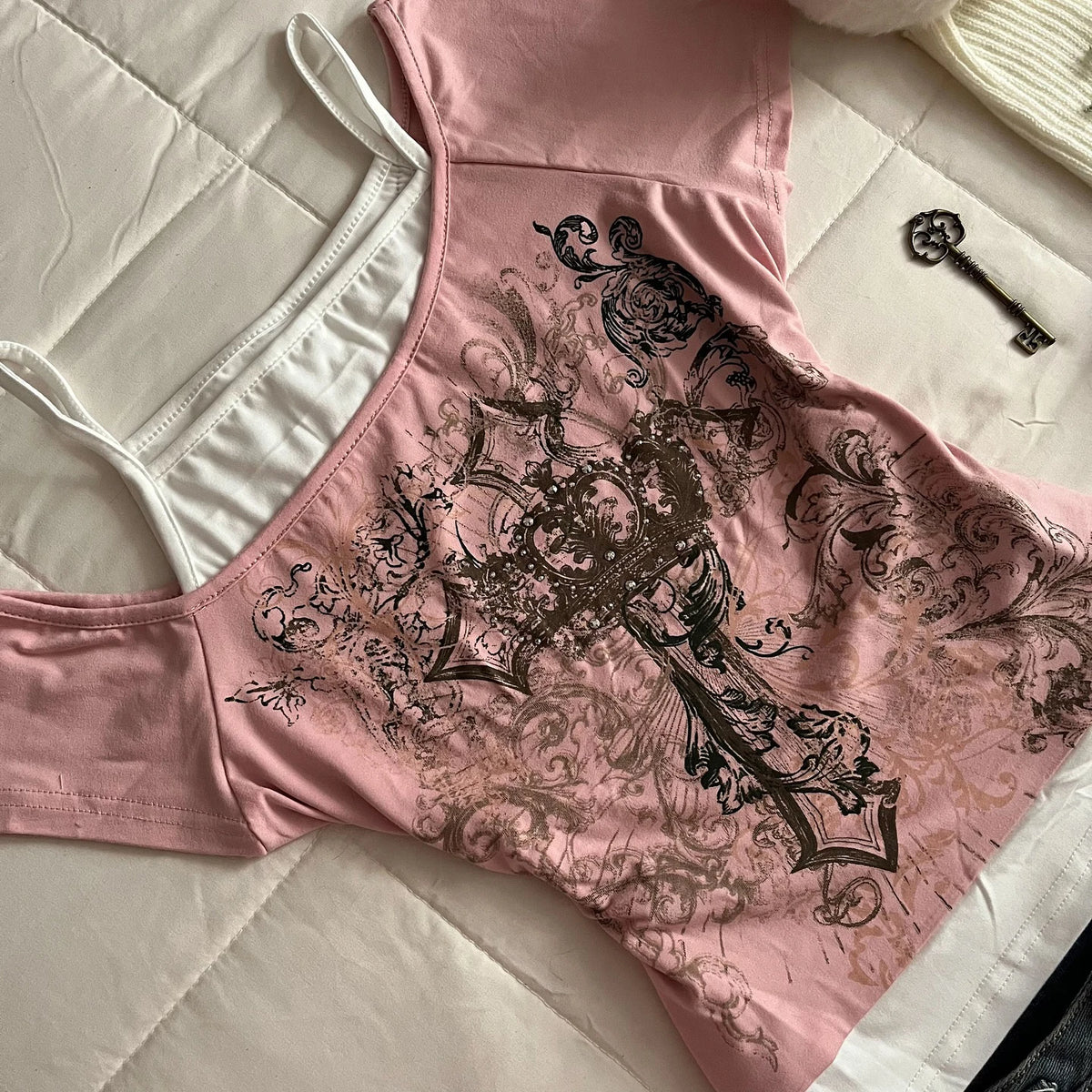 Y2K Harajuku Damen Millennium Kurzarm Top Harajuku Rosa Bedruckt Lässige Mode Street Style Süß Sexy Millennium Style