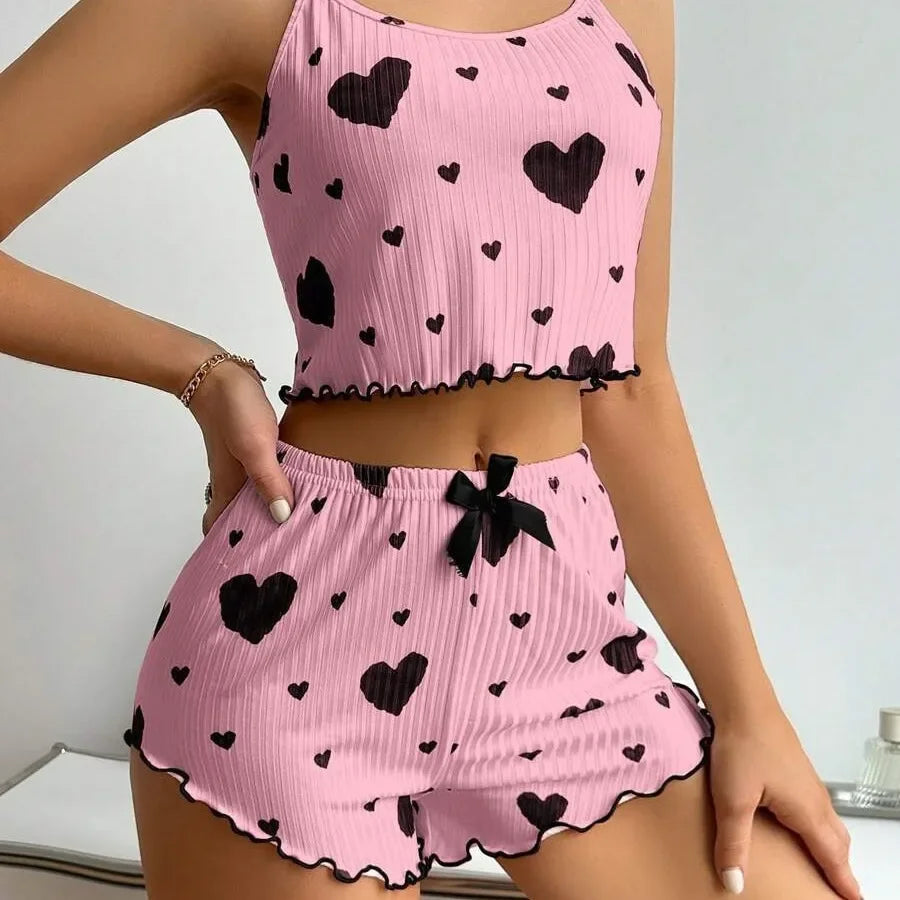 2-teiliges Pyjama-Set Shorts Damen Homewear Bedruckte Unterwäsche Pyjamas Sexy Dessous Camisoles Tops Nachtwäsche Schlafanzug