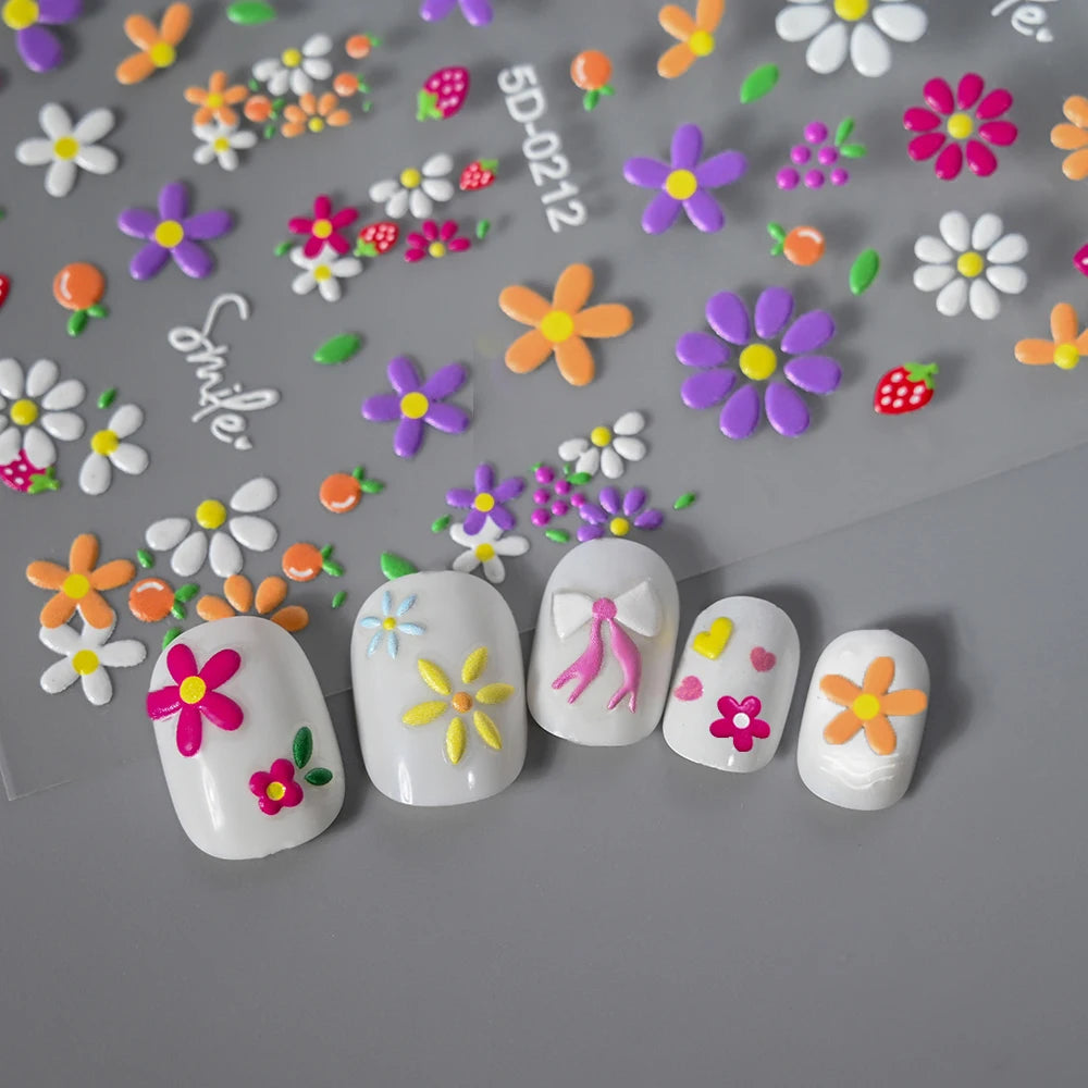1 stücke 5D Nette Bunte Gänseblümchen Nail art Aufkleber Frühling Blumen Tulpe Weiß Gänseblümchen Nagel Aufkleber Sommer Blüte Floral Maniküre decora