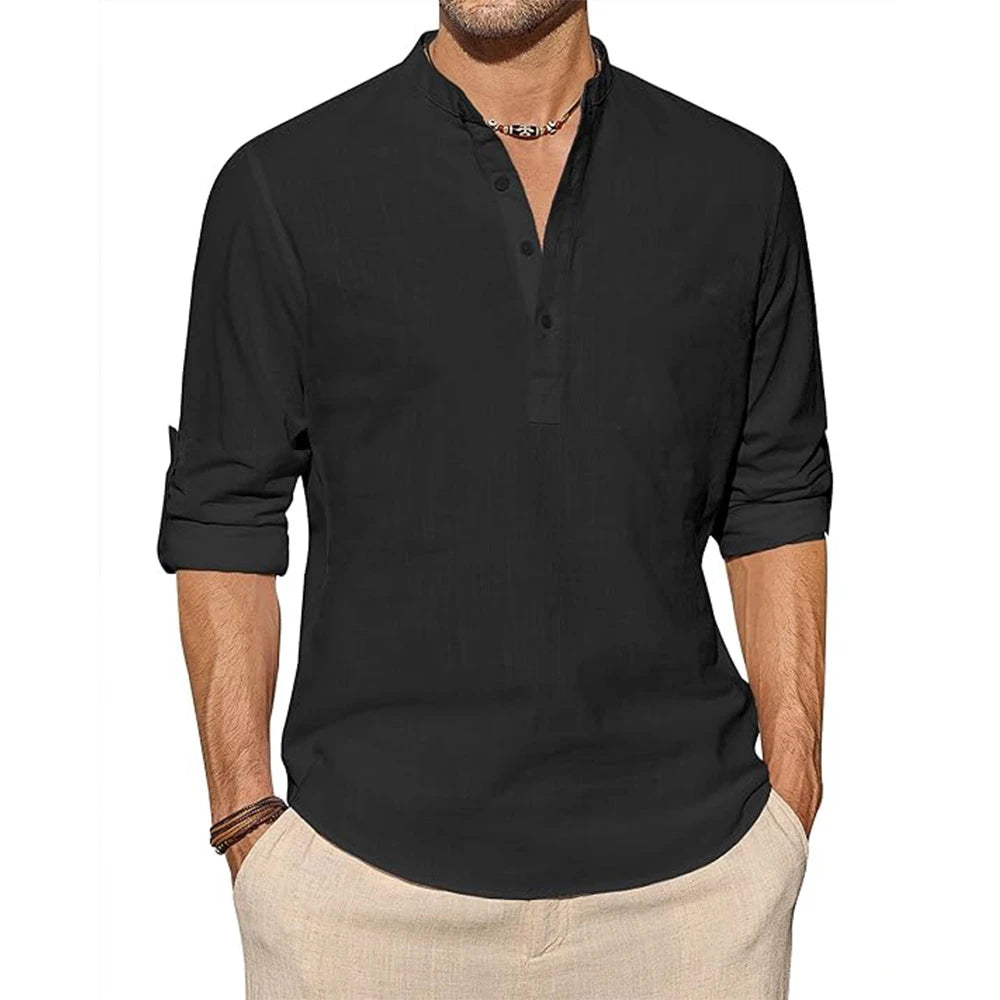 Neue Baumwoll-Leinen-Hemden für Herren, Freizeithemden, leichtes, langärmliges Henley-T-Shirt, einfarbige Langarm-Tops, aufrollbar