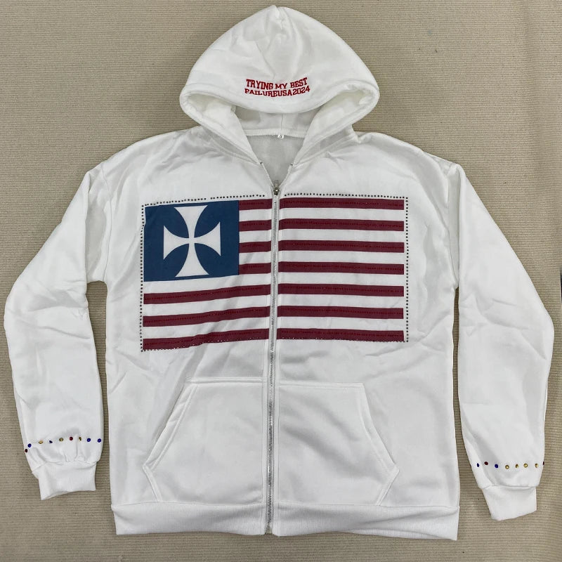 Y2K Europäische Amerikanische Mode Flagge Gedruckt Ästhetik Lange Sleeve Zipper Farbe Strass Top Lose Casual Design Frauen Hoodie