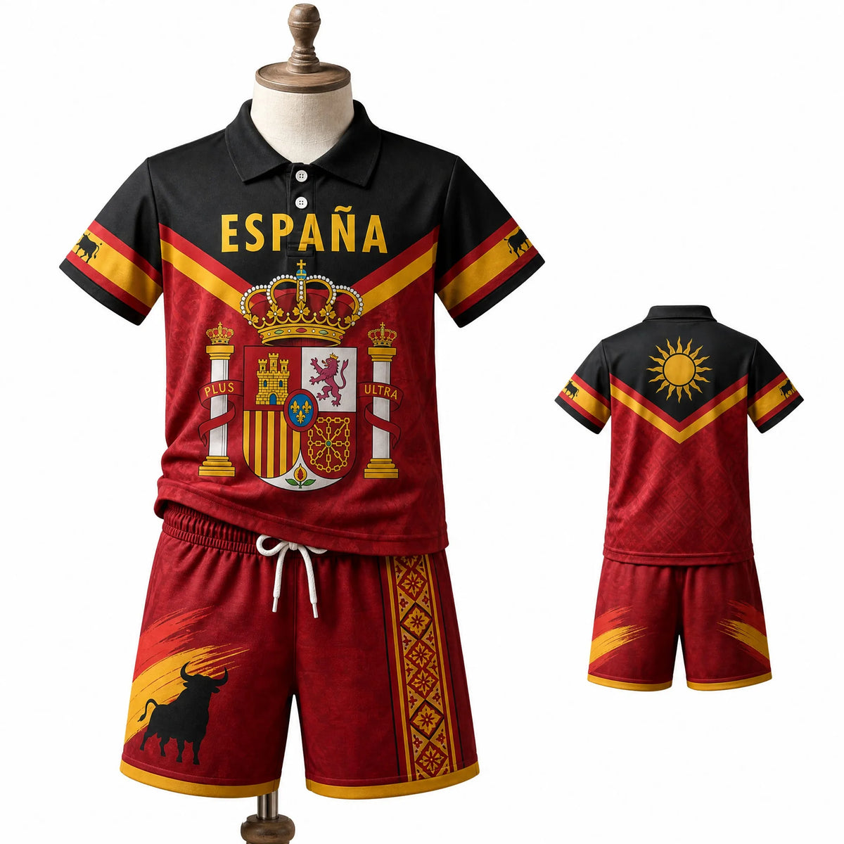 Kinder Spanien Polo-Shirt und Shorts Set für Jungen und Mädchen, Passendes Sommer-Outfit in Rot-Schwarz mit Wappen und Stier-Grafik, Lässiges Reise- und Urlaubsoutfit