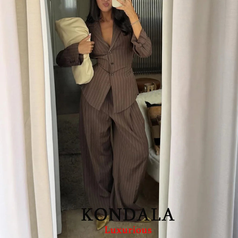 KONDALA Bürodame, schicke braune Anzüge, V-Ausschnitt, gestreift, lockerer Blazer, hohe Taille, weites Bein, Hosen, Mode, 2025, Herbst, lässige Damenanzüge