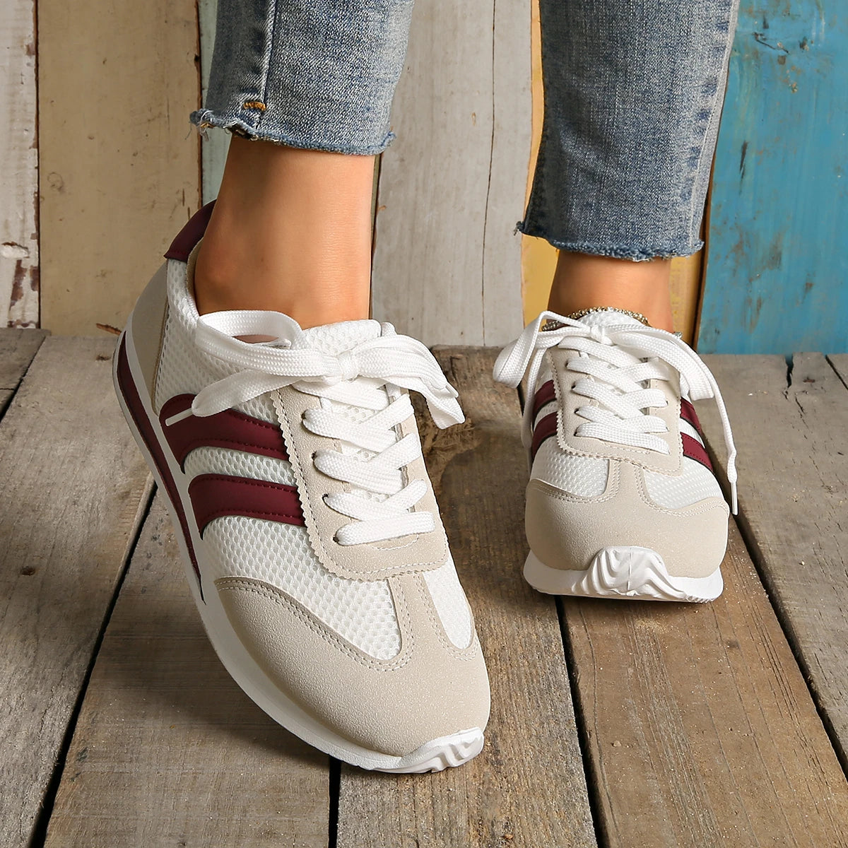 Leichte Mode-Turnschuhe für Damen, bequem, rutschfest, lässig, Sportschuhe, Damen, gestreift, Mesh, atmungsaktiv, Plateau-Turnschuhe