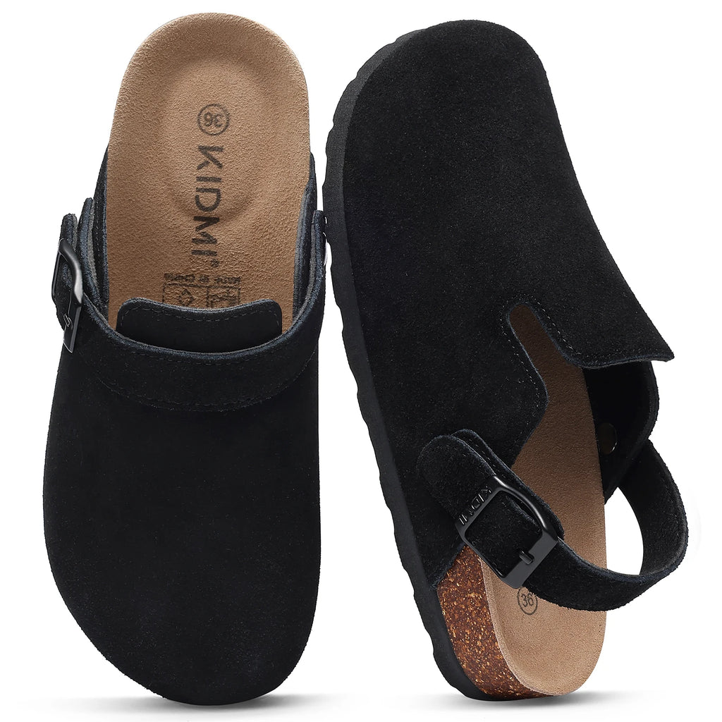 Litfun Neue modische Damen-Clogs mit verstellbarem Riemen, Korkfußbett, Leder-Pantoletten mit Fußgewölbeunterstützung, Unisex-Kartoffelschuhe für den Außenbereich