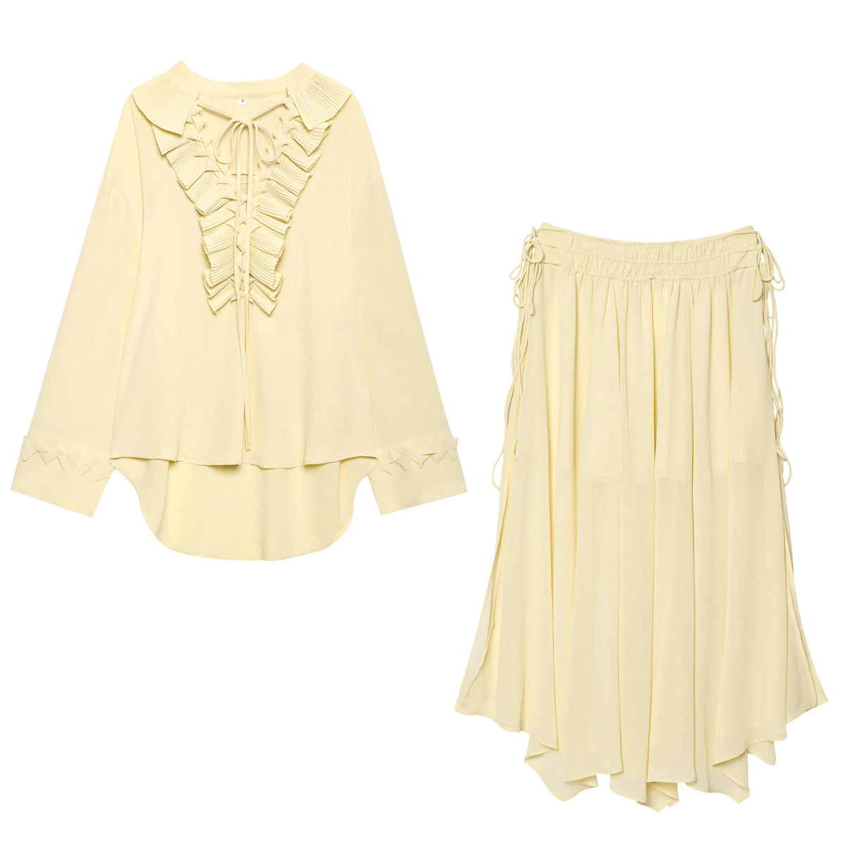 HH Frauen Rüschen Spitze-up Bluse Rock Set Langarm V-ausschnitt Hemd Plissee Midi Rock Mode Dame High Street gelb Outfit