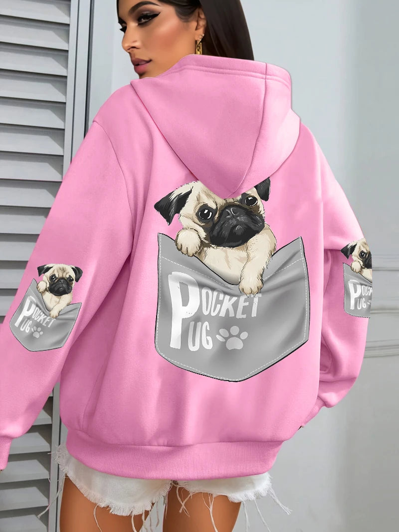 Tasche Mops Hoodies Frauen Cartoons hund Drucke Mit Kapuze Lose Taschen Sweatshirts Winter Fleece Warme Tops Straße Schwarz Frau Kleidung