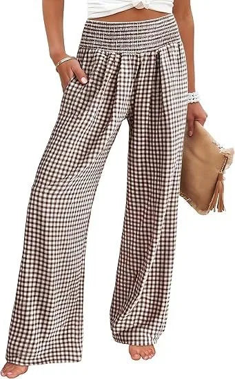 2025, Frühling und Herbst, neue Freizeithose, kariert, locker, grenzüberschreitend, Damenmode, lässig, elastische Taille, weites Bein
