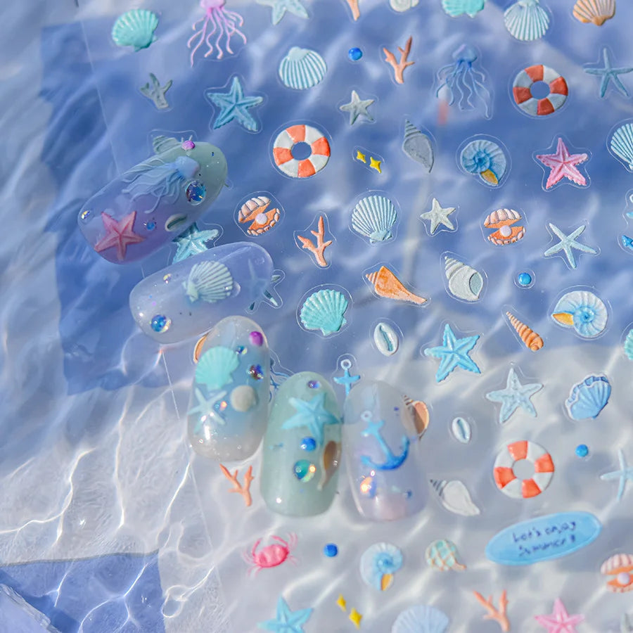 5D Sommer Muschel Nagel Aufkleber Glänzende Geprägte Seestern Nägel Aufkleber Sommer Strand Weinglas Quallen Nagel Aufkleber Dekoration