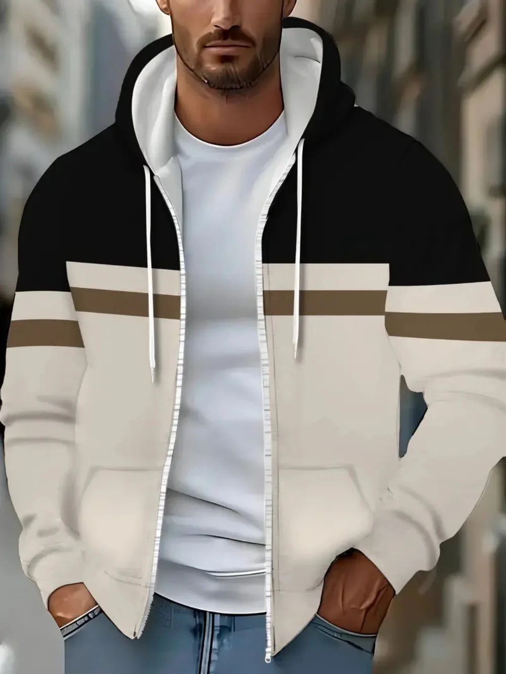 Lässiges, gestreiftes Herren-Sweatshirt mit Kapuze und durchgehendem Reißverschluss, Outdoor-Kleidung, glatte Kapuzentaschen mit Kordelzug, einfache gestreifte Sportbekleidung für Herren