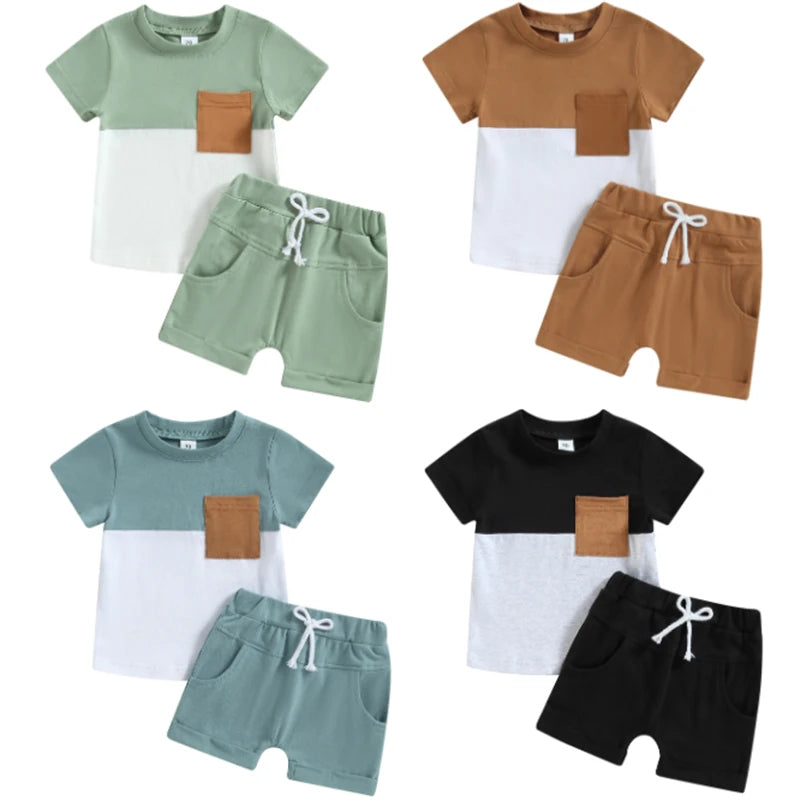 Kleinkind Kleinkind Baby Jungen Sommer Kleidung Sets Kurzarm Kontrast Farbe Tops + Einfarbig Kordelzug Shorts 2 stücke Outfit