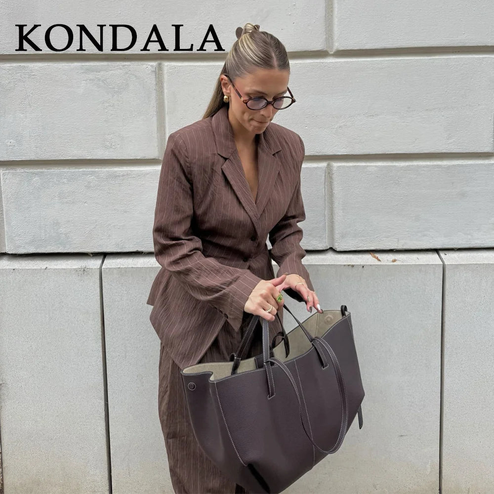 KONDALA 2026 Frühling Gestreifte Bürodamen-Anzüge Modische Elegante Braune Gürtel Lose Einreihige Blazer Schicke Weite Hosen