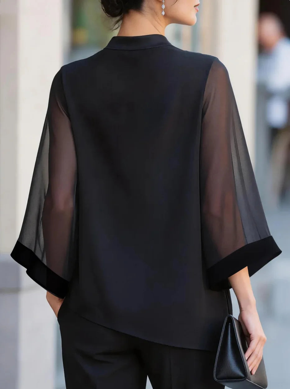 Dreiviertel-Ärmel Transparente Satin-Bluse Locker Geschnittener Asymmetrischer Saum Elegante Bürokleidung Damen Freizeithemd