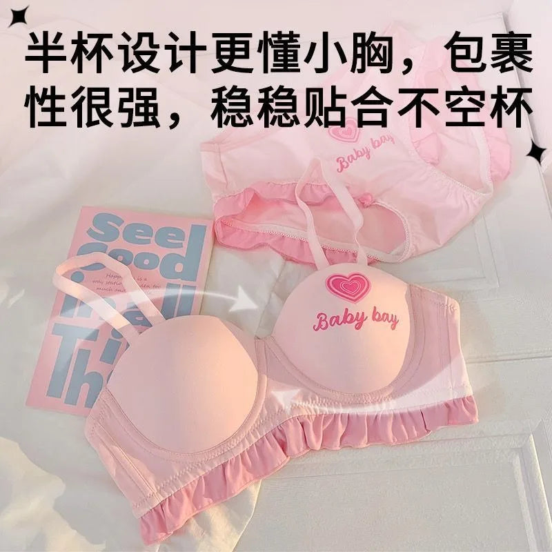 Kawaii Lolita Dessous Set Push-Up-BH, kabelloses gepolstertes Bralette für kleine Brust, süßes BH- und Höschenset im Barbie-Puppenstil MOYISU