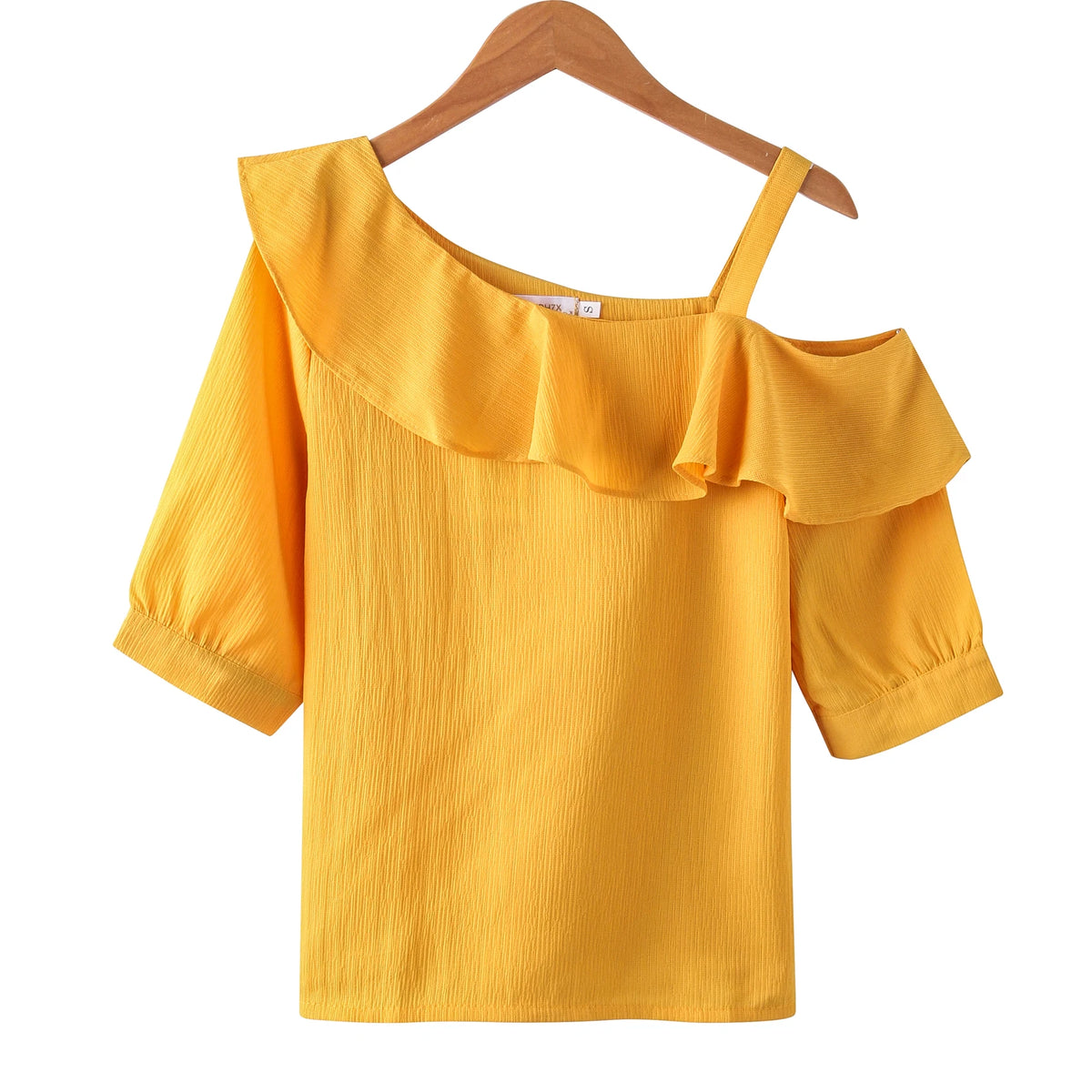 Damen-Oberteil, One-Shoulder-Bluse mit Rüschen, Kurzarm-Chiffonbluse