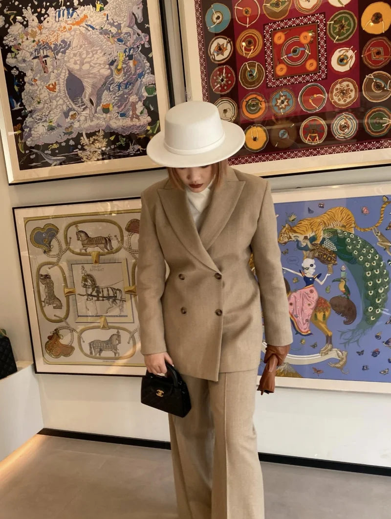 ETJ Damen Zweireihiger Anzug Set Übergroßer Blazer Weite Hose Business Casual Büro Arbeit Mode 2026