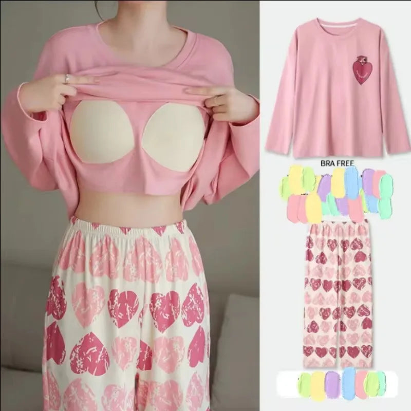 2 Teile/satz frauen Große Größe mit Brust Pads Pyjamas Frühling Herbst und Winter Nachtwäsche Lange Ärmeln Lose Nachtwäsche homewear