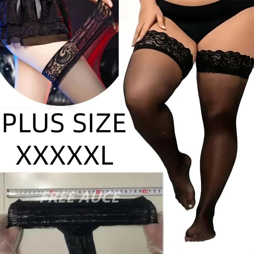 NEWJOINFUN Plus große Größe Spitze Anti-rutsch Strümpfe Frauen Sexy Oberschenkel Hohe Knie Ultra-dünne Fishnet Lange Socken schwarz Strumpf XXXL
