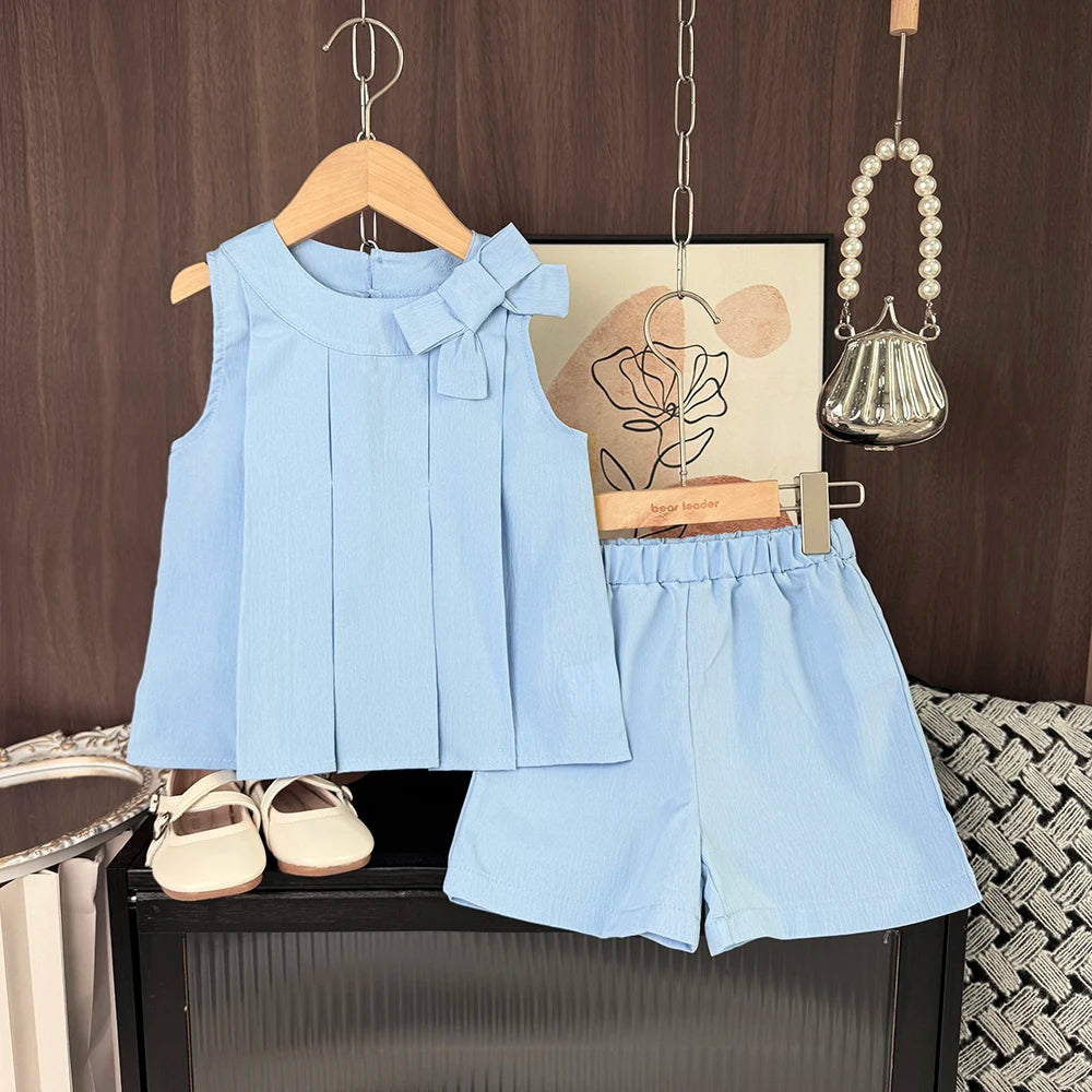 Bär Führer Süße Rosa Mädchen Kleidung Sommer Ärmellose Bogen Dekoration Plissee Weste + Shorts 2 Stück Olid Farbe Casual kinder Set