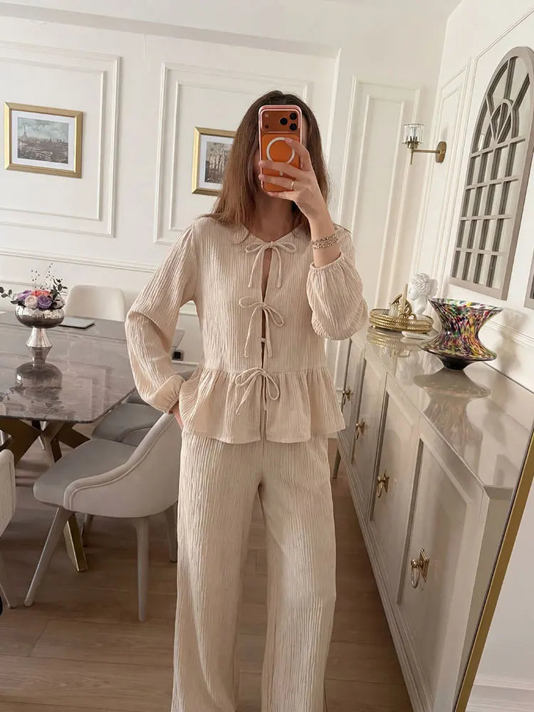 HH Damen Elegantes Einfarbiges 2-Teiliges Outfit O-Ausschnitt Schnürung Langarm-Bluse & Weite Hosen Set Lässiger Frühlingsanzug
