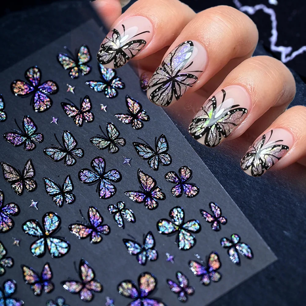 1 Stück Schillernder Schmetterling Nagelkunst-Aufkleber 5D Katzenauge Glitzer Bunter Schmetterling Sternenlicht Nagelaufkleber Selbstklebende Nageldekoration