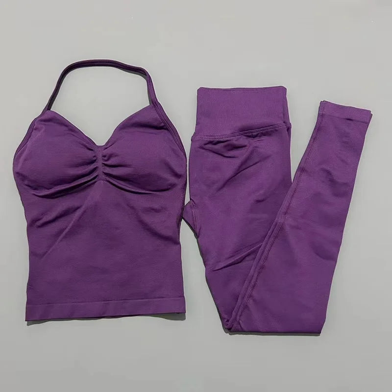 HISTELLO Gym-Leggings-Set, 2-teilig, für Damen, Yoga, lang, mit Trägern, nahtlos, Fitness-Kleidung, Laufen, Workout, Sport-Tops, Outfit