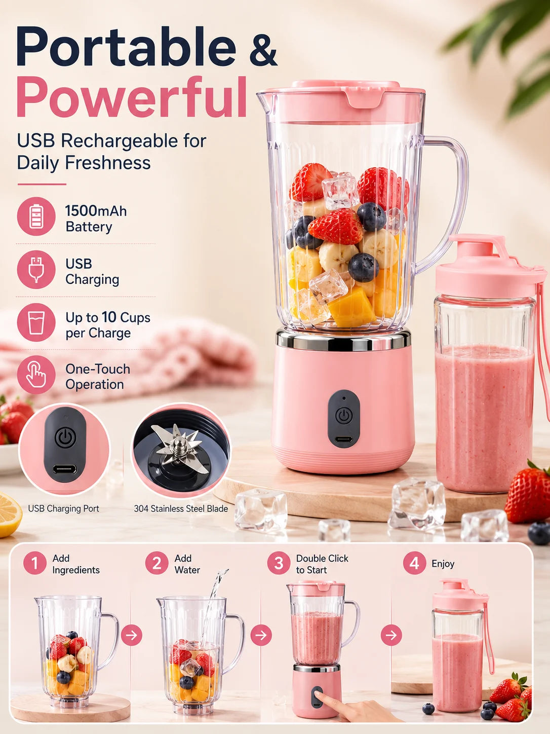 Kompakter 20cm Mini-Standmixer, 800ml großes Fassungsvermögen, USB-Ladefunktion, 304 Edelstahlklinge, Smoothie-Entsafter-Becher, leicht zu reinigen