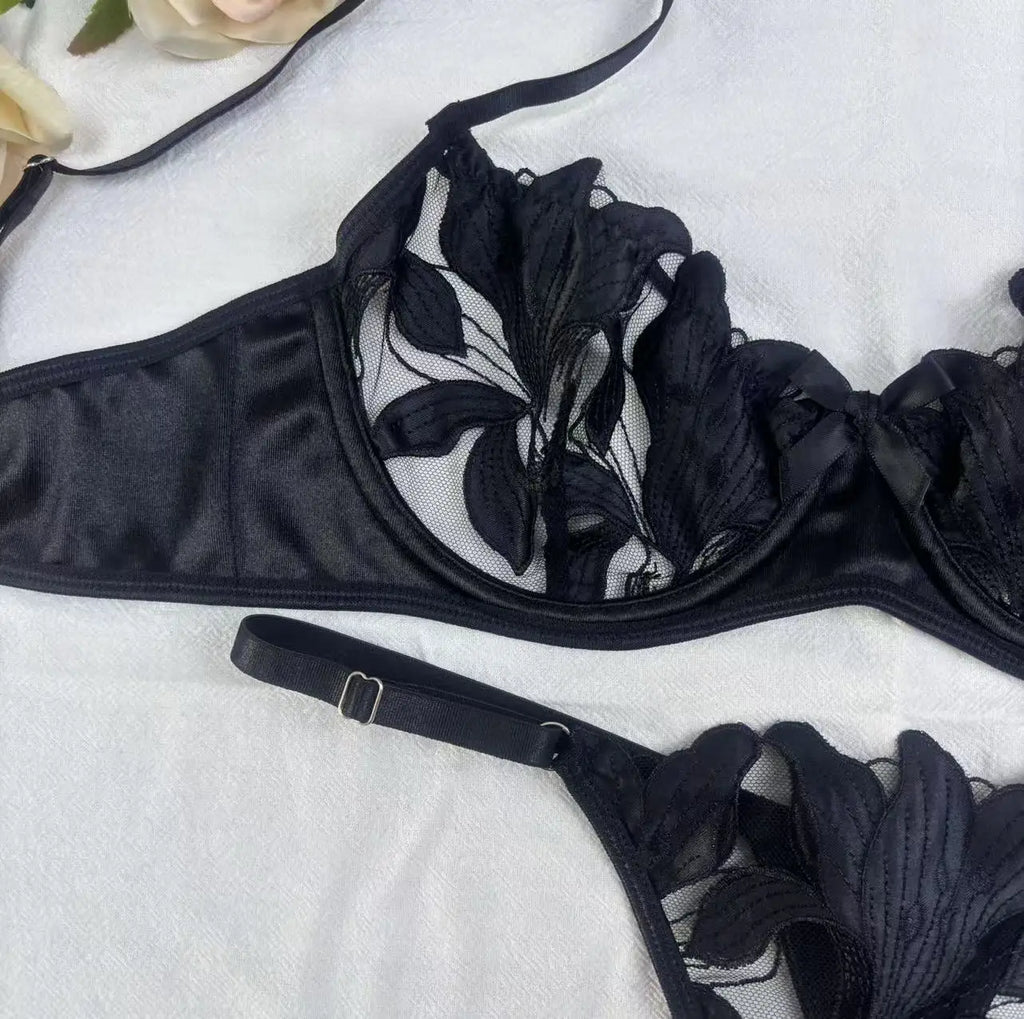 Damen-Set mit Blumenstickerei, Push-Up-BH und Höschen, 2-teiliges sexy Dessous-Set, transparente Bralette-Unterwäsche mit Bügel