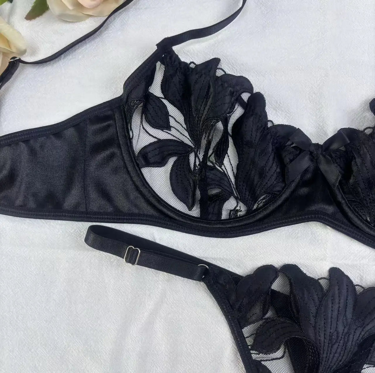 Damen-Set mit Blumenstickerei, Push-Up-BH und Höschen, 2-teiliges sexy Dessous-Set, transparente Bralette-Unterwäsche mit Bügel