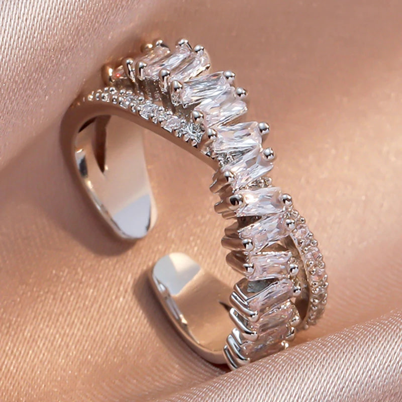 Luxus Zirkon Shiny Chic Resizable Doppel Student Öffnung Ringe für Frau Silber Farbe Gothic Finger Schmuck Hochzeit Party