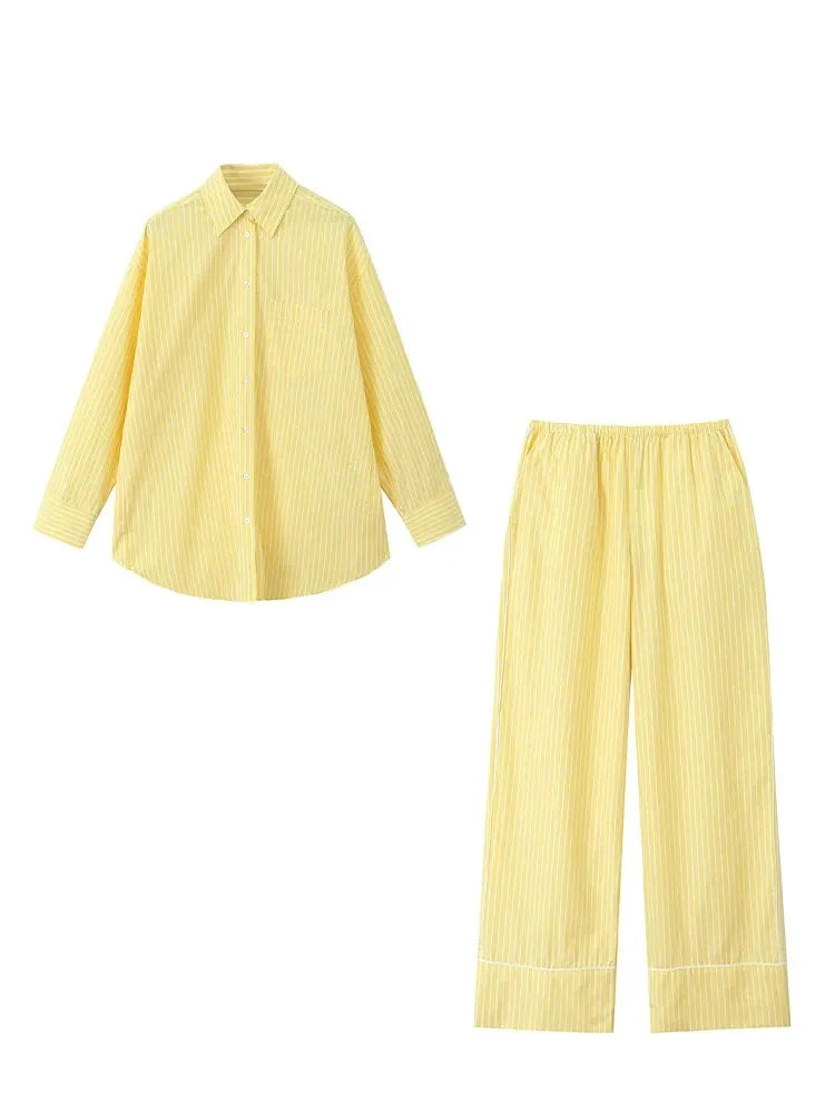 HH Damen 2-teiliges Set, gestreiftes Revers, einreihige Tasche, verziert lockeres Hemd + elegante elastische Taille, lässige Hose mit hoher Taille