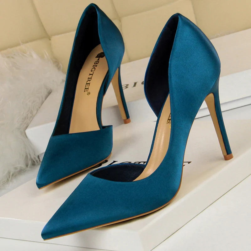 Damen Glamouröse Blaue 9,5cm Hohe Absätze Pumps Modische Satin Spitze Schuhe Elegante Trendige Abend-Bankett-Kleiderschuhe