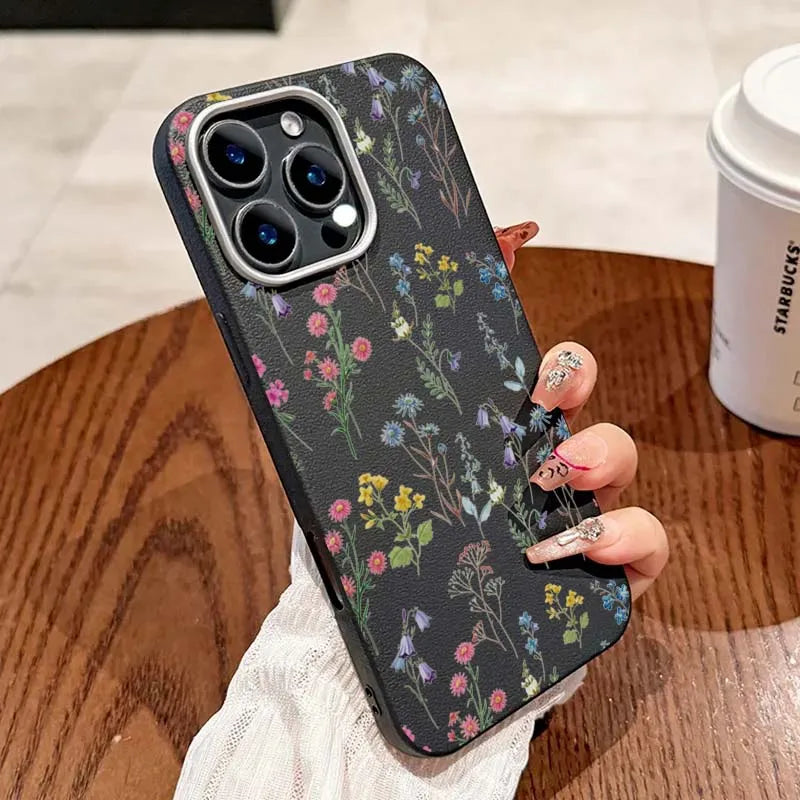 Blumendruck Luxus milchig weiß Lichee Muster Handyhülle für iPhone 17 16 15 14 13 12 11 Pro Max XS XR 7 8 Plus 16e Cover Funda