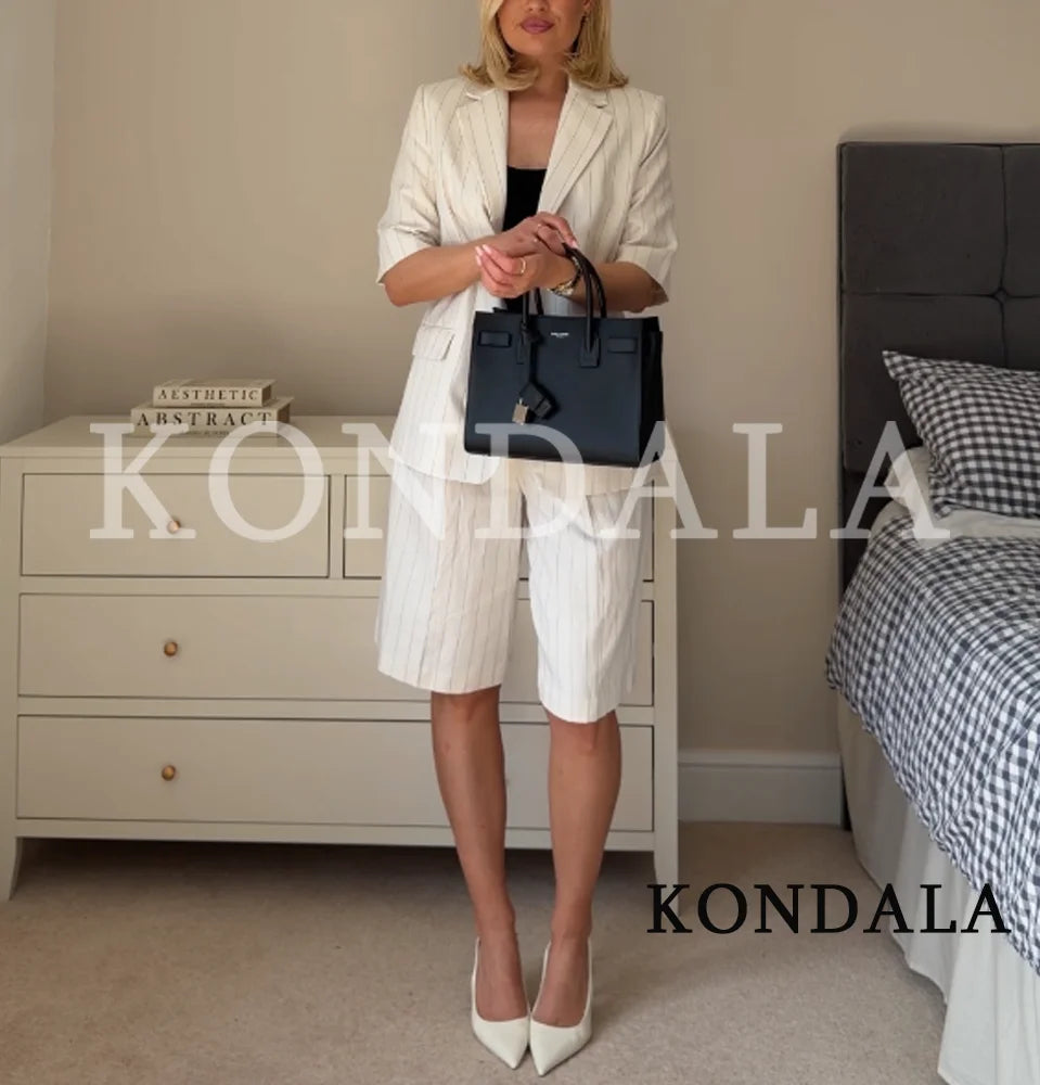 KONDALA Damen Büro-Outfit Gestreiftes Blazer-Set mit Gürtel Blazer mit Taschen Shorts Neue Mode 2026 Frühling Sommer Urlaub Lässiges Shorts-Set