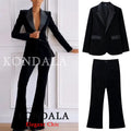 KONDALA Damen Büro-Samt-Slim-Blazer-Set Revers V-Ausschnitt Slim-Blazer mit Taschen Hose Neue Mode 2026 Frühling Herbst Elegantes Set