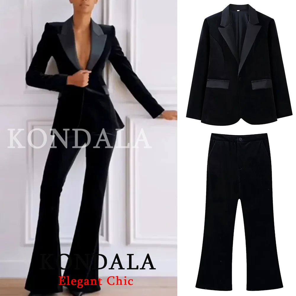KONDALA Damen Büro-Samt-Slim-Blazer-Set Revers V-Ausschnitt Slim-Blazer mit Taschen Hose Neue Mode 2026 Frühling Herbst Elegantes Set