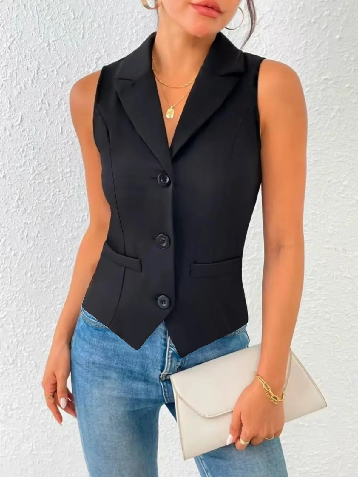 Elegante ärmellose Blazerweste für Damen, formelle Reverskragen, einreihige Büroarbeitsweste, professionelle Business-Anzugweste