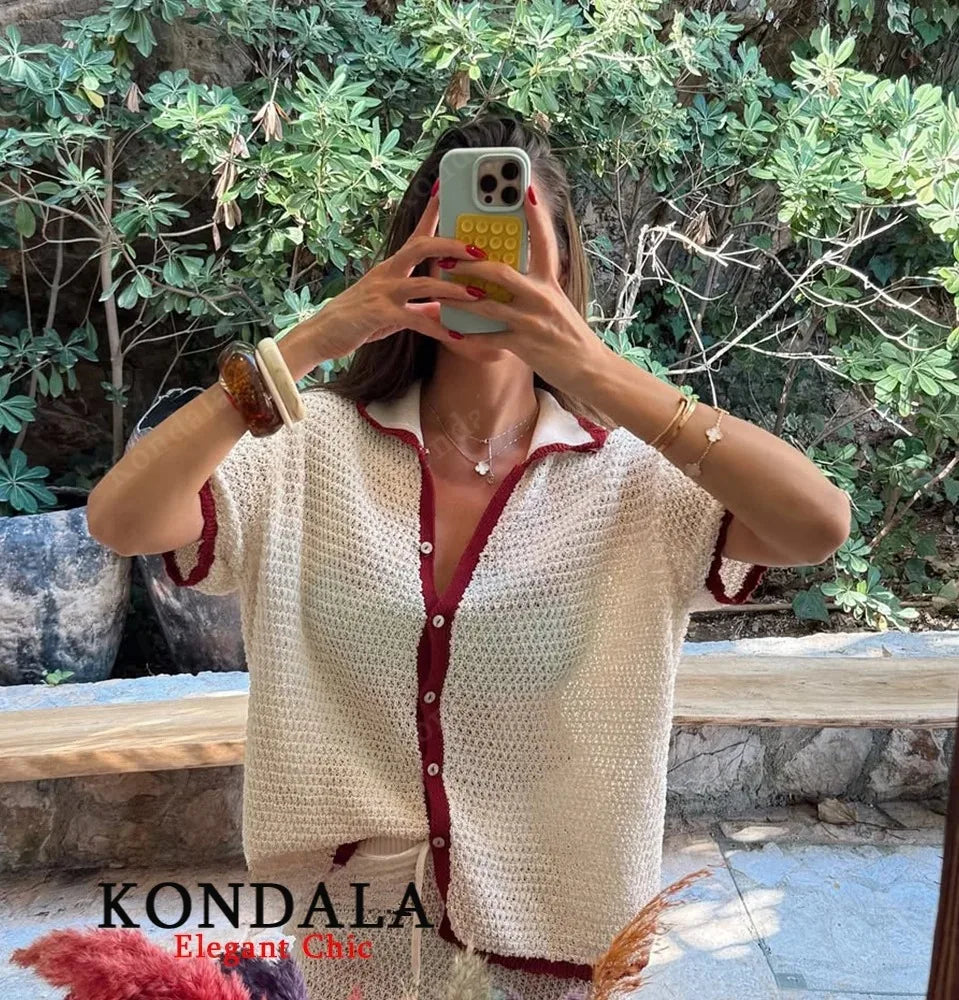 KONDALA Lady Casual Crochet Hollow Shorts Set Kurzarm-Hemden mit Knöpfen, Shorts mit Kordelzug 2025, Sommerferien, Damen-Strickset