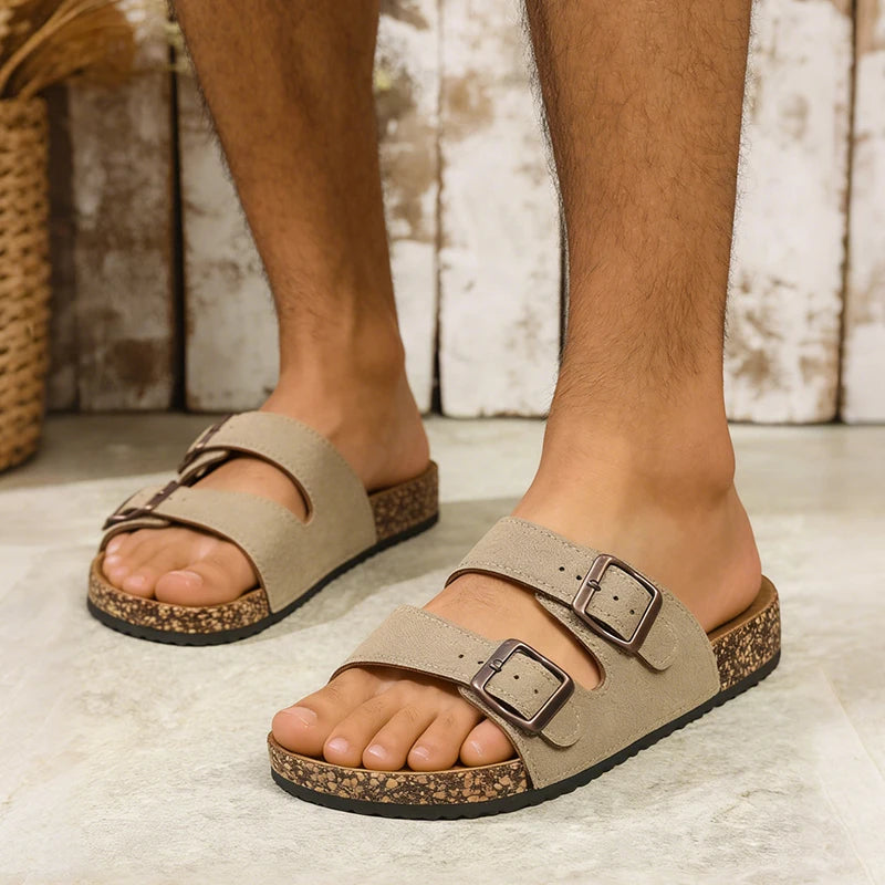 Herren-Slipper mit Korkmuster, verstellbarer Schnalle und PU-Obermaterial, flacher Sohle und Doppelriemen für Strand und Outdoor-Nutzung im Frühling, Sommer und Herbst