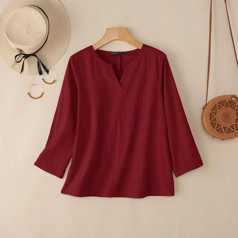 2025ZANZEA Herbst Bluse Frauen V-ausschnitt Langarm Tops Casual Solide Lose Hemd Weibliche OL Arbeit Blusen Retro Tunika Blusas Mujer