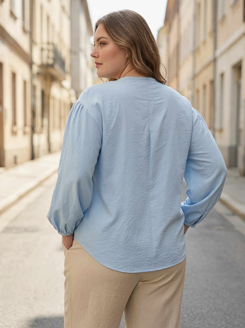 Rosa fera Plus Size Damen-Freizeitbluse mit V-Ausschnitt, langen Puffärmeln und lockerem Knopfverschluss