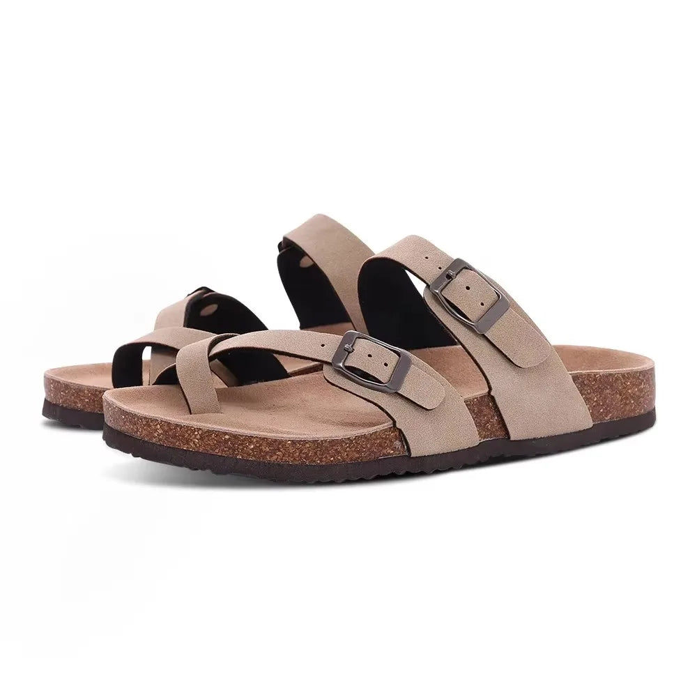 Crestar Damen-Hausschuhe mit Korkfußbett, Sommer-Paar, verstellbare Doppelschnallen, flache Sandalen, Outdoor-Kork-Strandrutschen mit offener Spitze