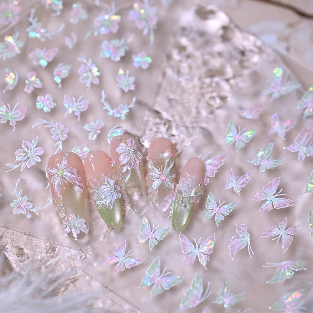 1 Stück 5D Aurora Schmetterling Blumen Nagelaufkleber Muschel-Licht Selbstklebende Nagelsticker für Sommer Frühling DIY Maniküre & Geschenke